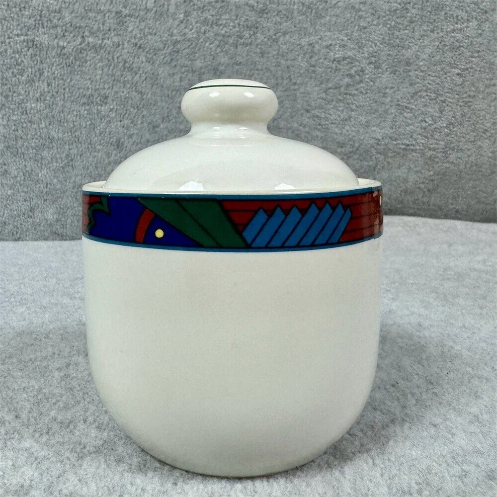 Vitromaster Jazz Sugar Bowl With Lid White Multicolor Geometric Vintage